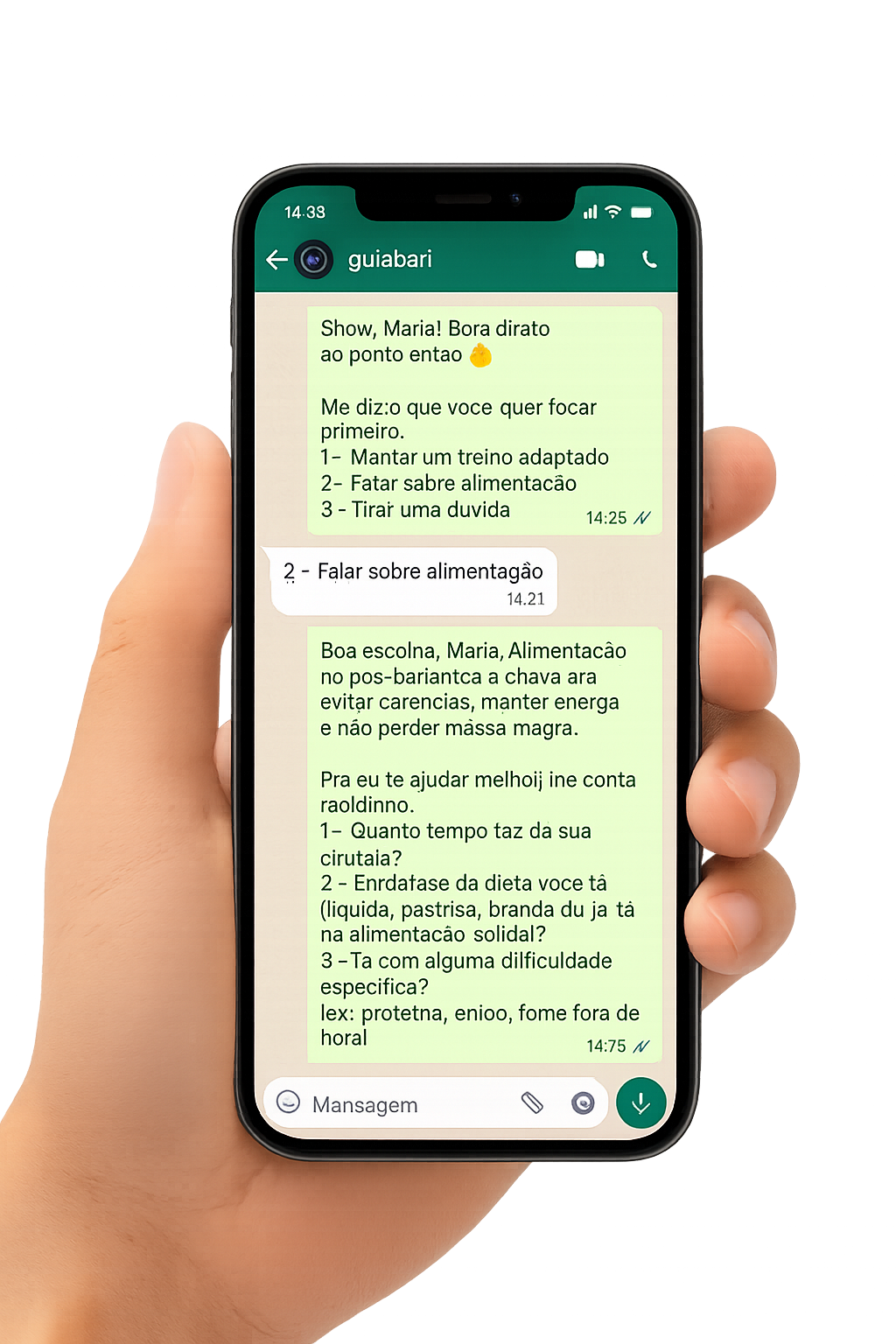 Exemplo de conversa no WhatsApp com guiaBari - Acompanhamento pós-bariátrica 100% online